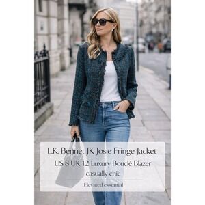 L.K. Bennett JK Josie Blue Tweed Fringe Jacket US 8 UK 12 Luxury Bouclé Blazer